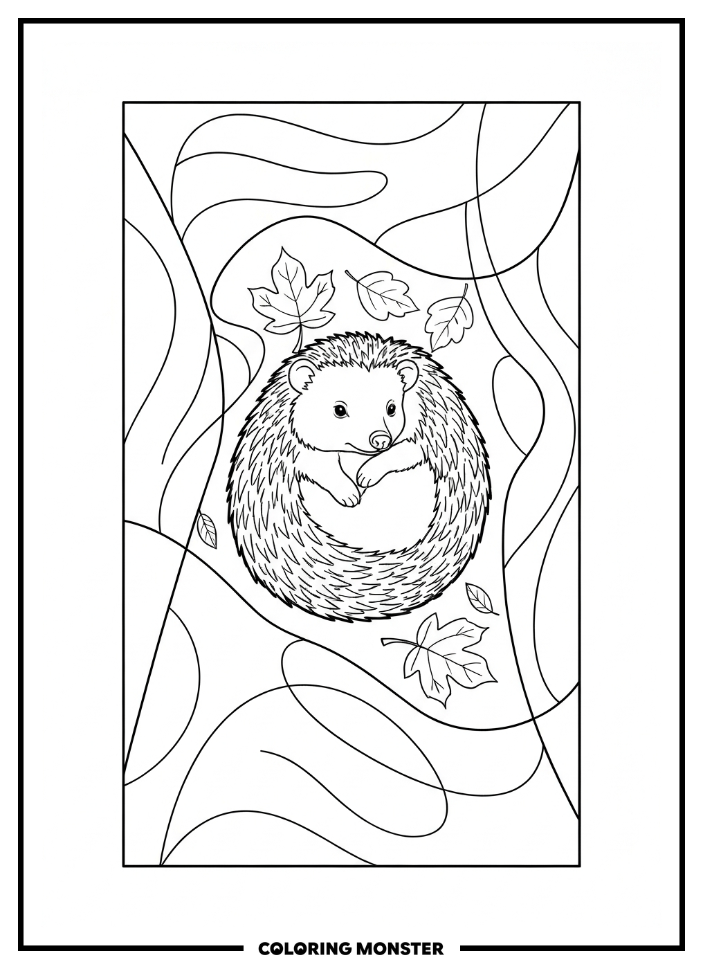 Hedgehog Curled Up In Fall Leaves Coloring Page