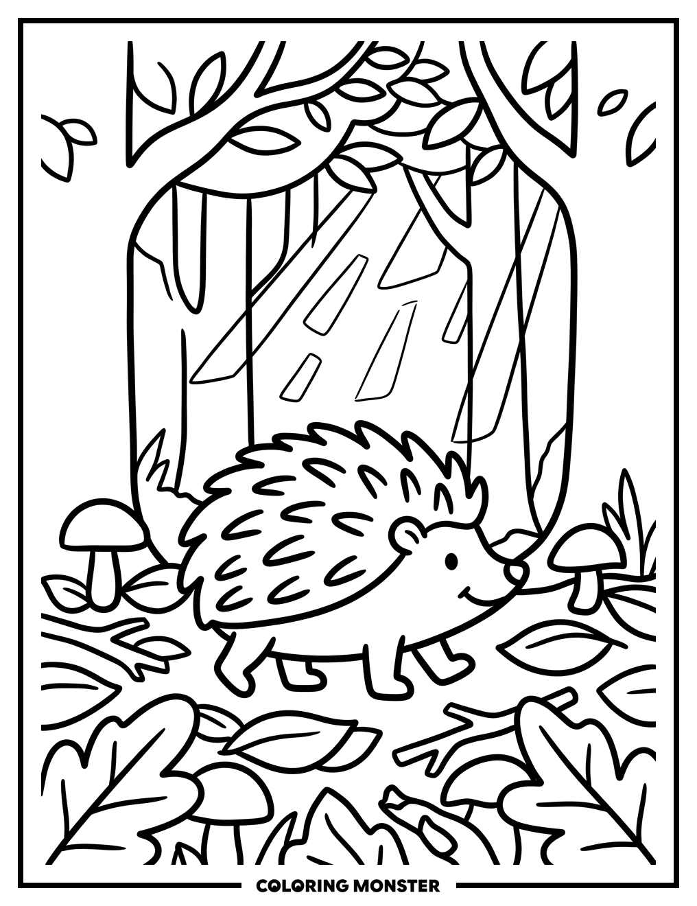 Hedgehog In Autumn Forest Coloring Page