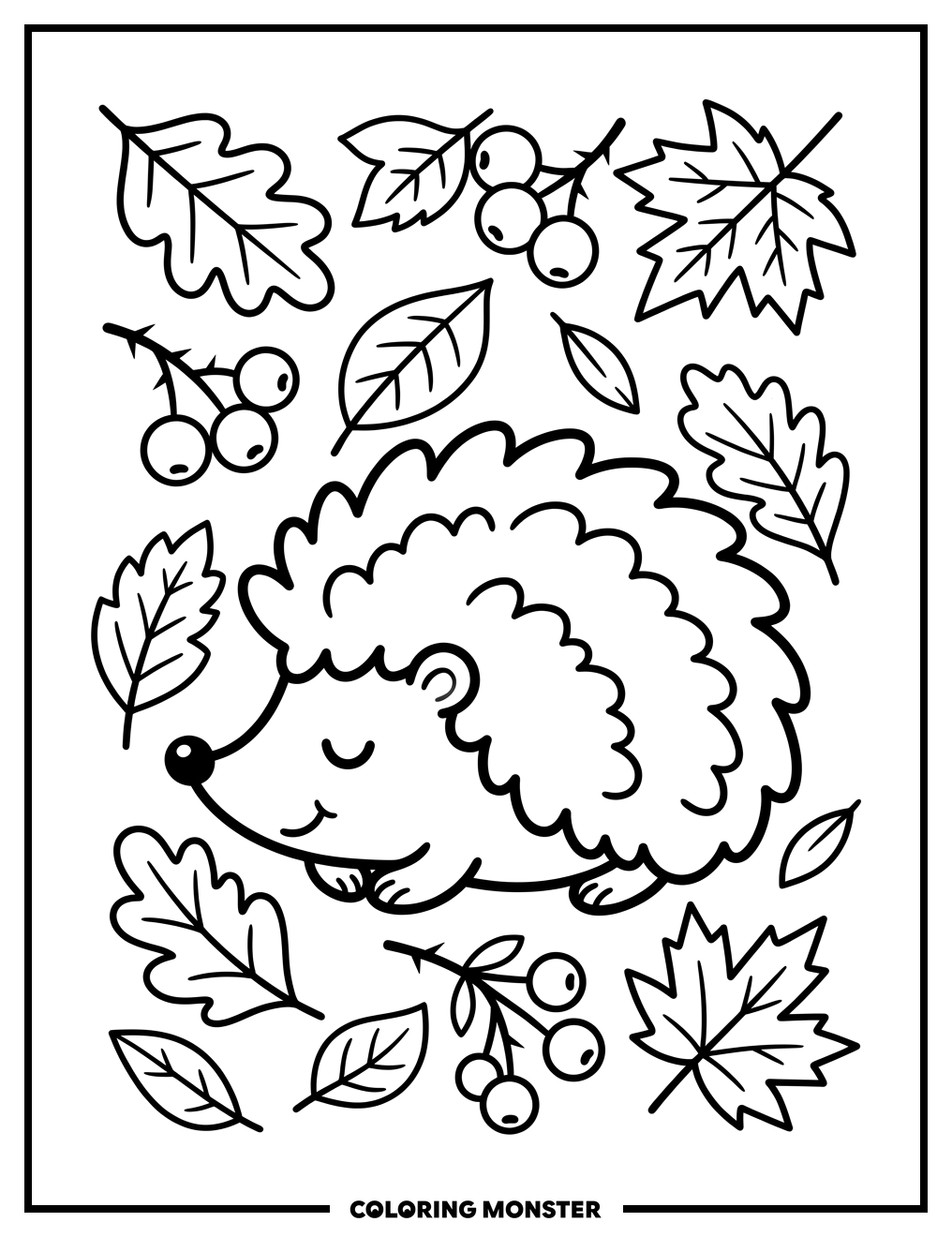 Hedgehog in Autumn Leaves Coloring Page