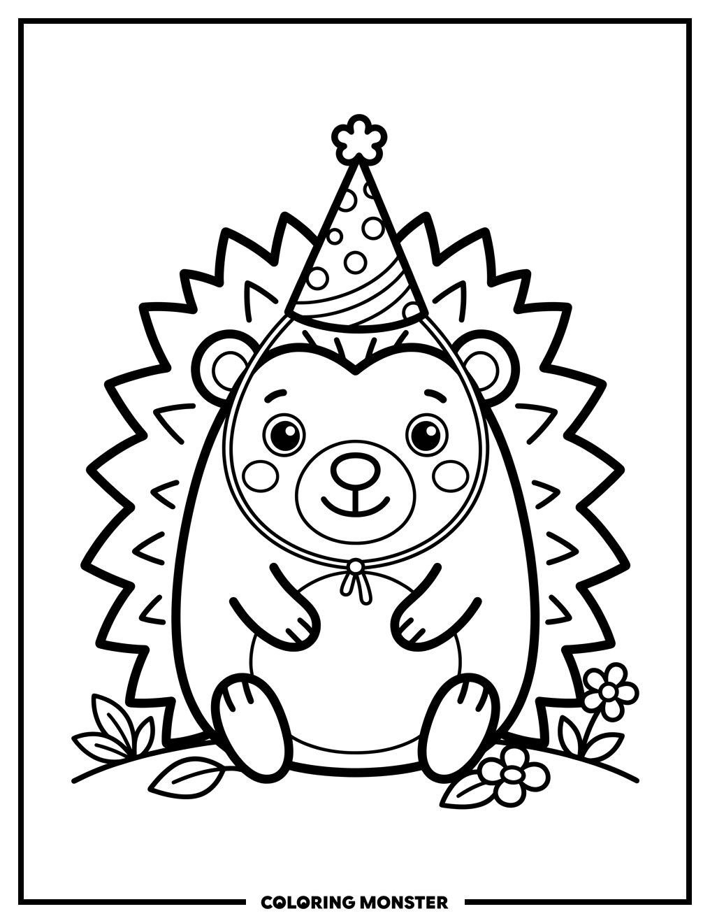 Hedgehog Wearing a Party Hat Coloring Page