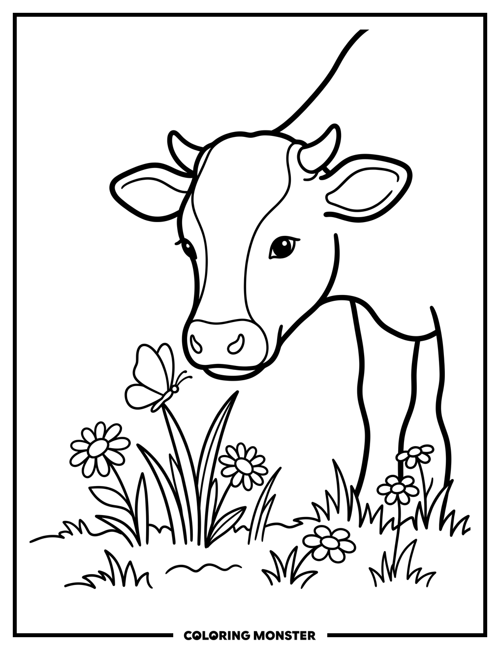 Heifer and Butterfly in Meadow Coloring Page