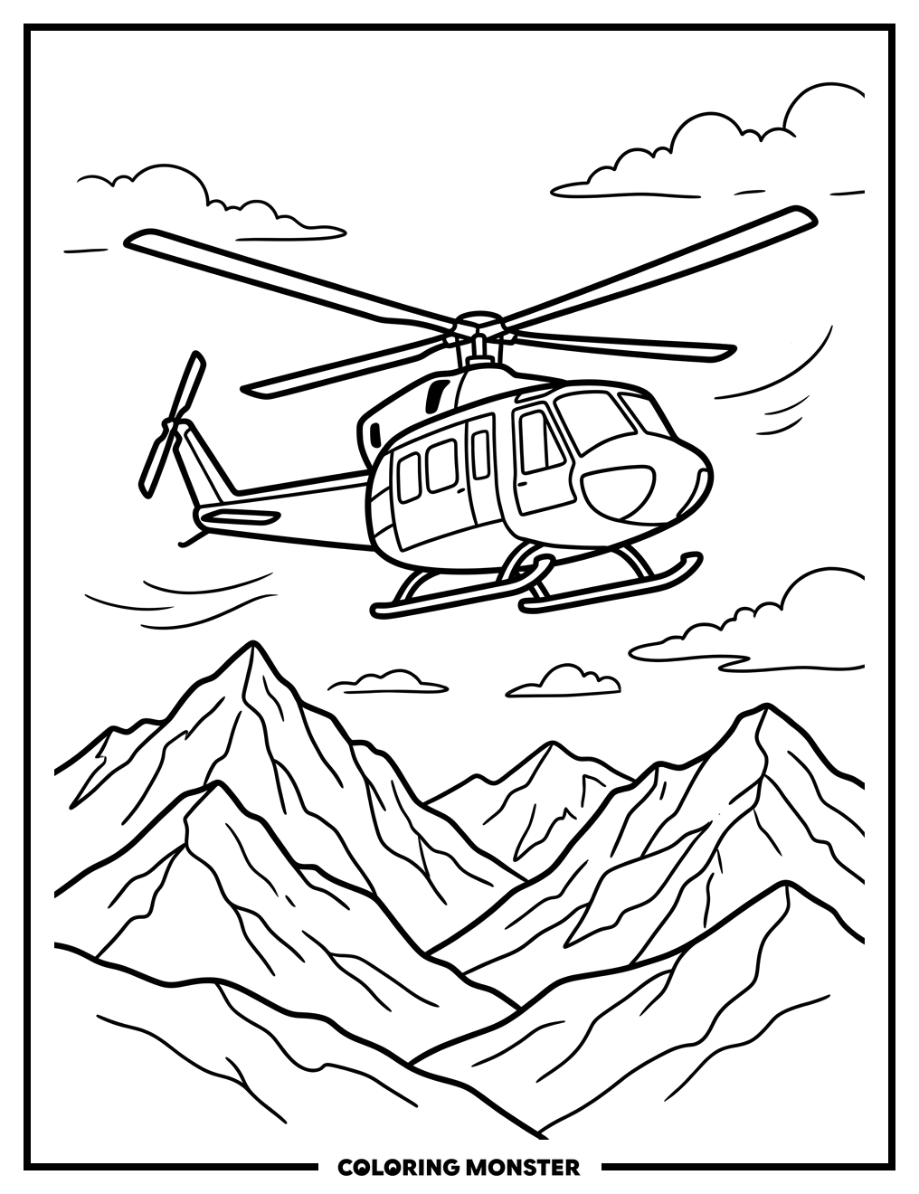 Helicopter Over Mountains Coloring Page