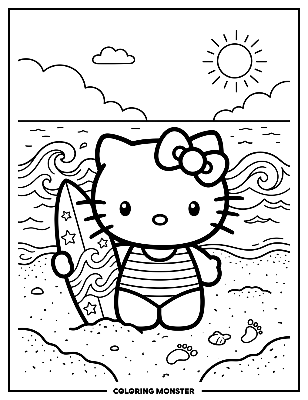 Hello Kitty Surfing at the Beach Coloring Page