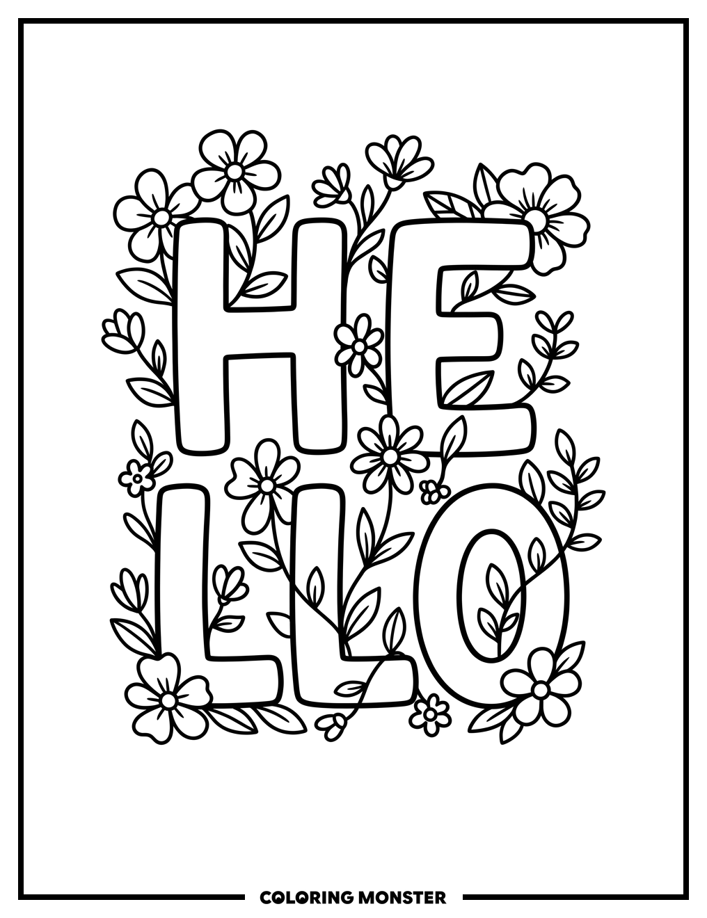 Hello With Flowers and Leaves Coloring Page