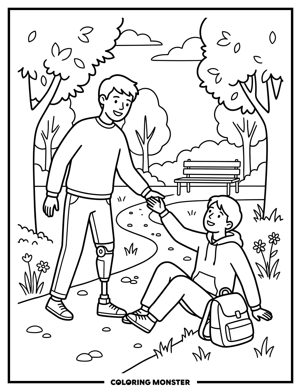 Helping Hand in the Park Coloring Page