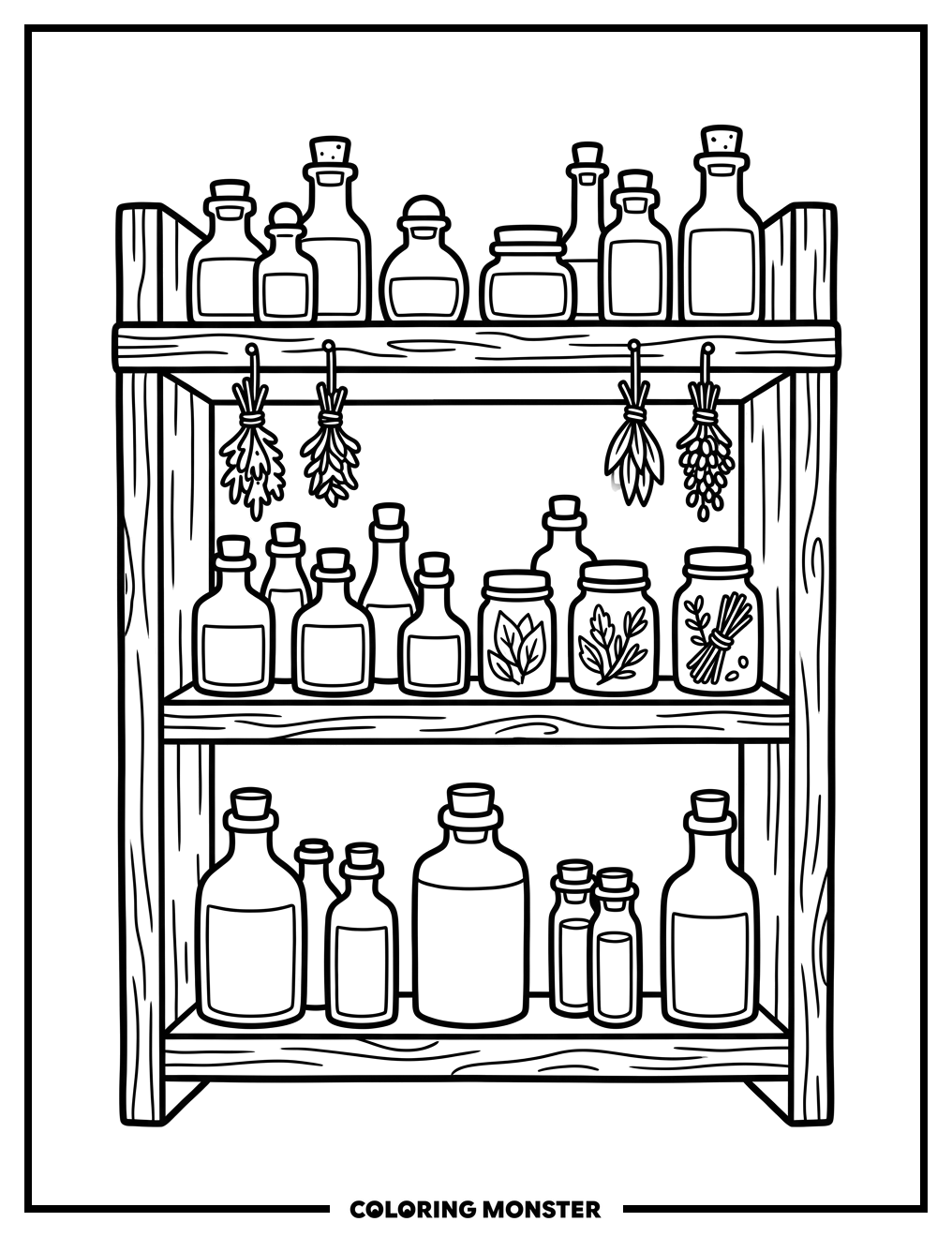 Herbalist's Shelf of Bottles Coloring Page