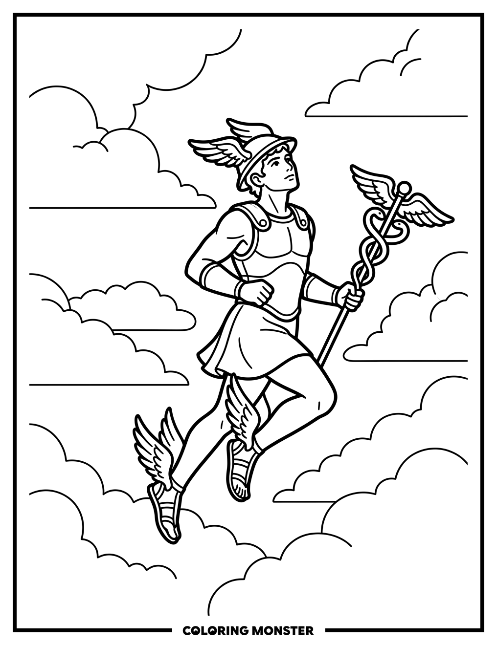 Hermes Flying with Caduceus Coloring Page