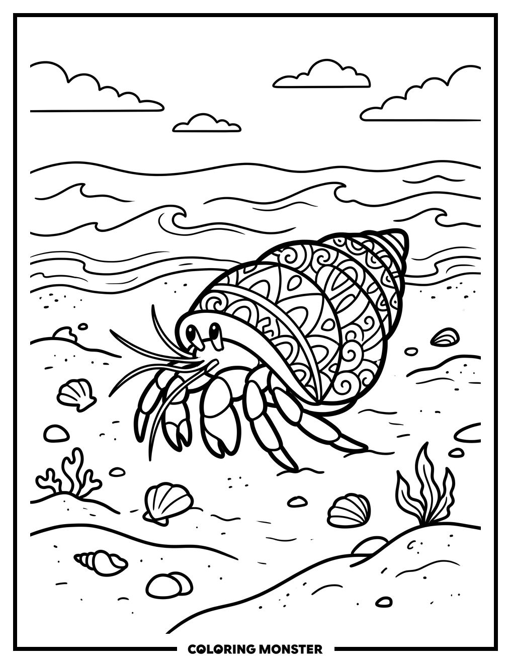 Hermit Crab on Sandy Beach Coloring Page