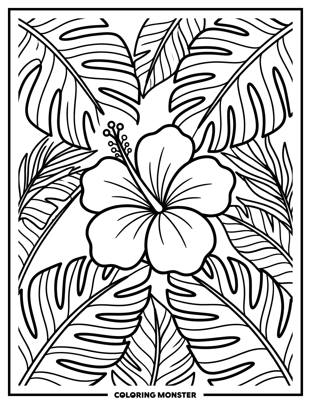 Hibiscus Flower and Palm Leaves Coloring Page