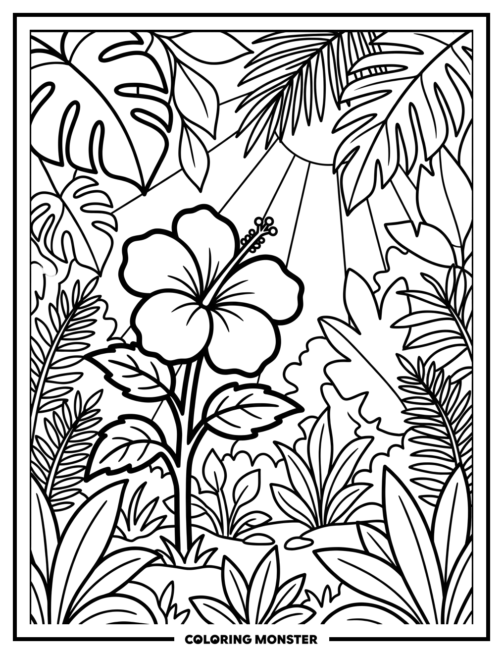 Hibiscus Flower in Tropical Garden Coloring Page