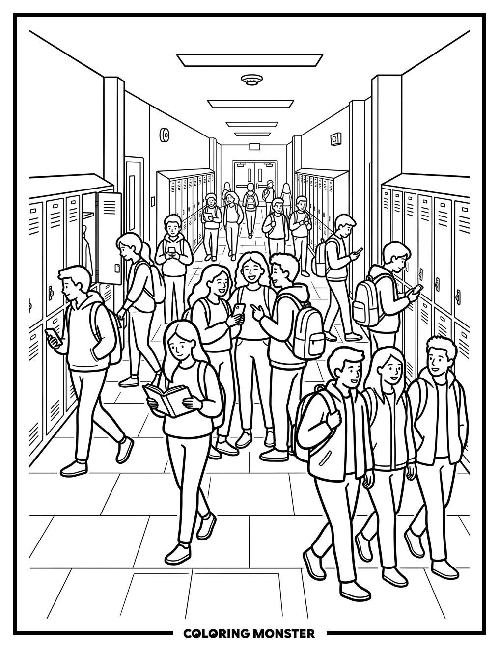 High School Hallway With Lockers Coloring Page