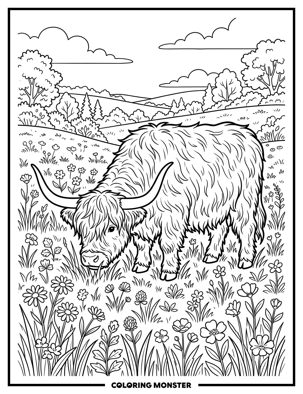 Highland Cow Grazing in Meadow Coloring Page