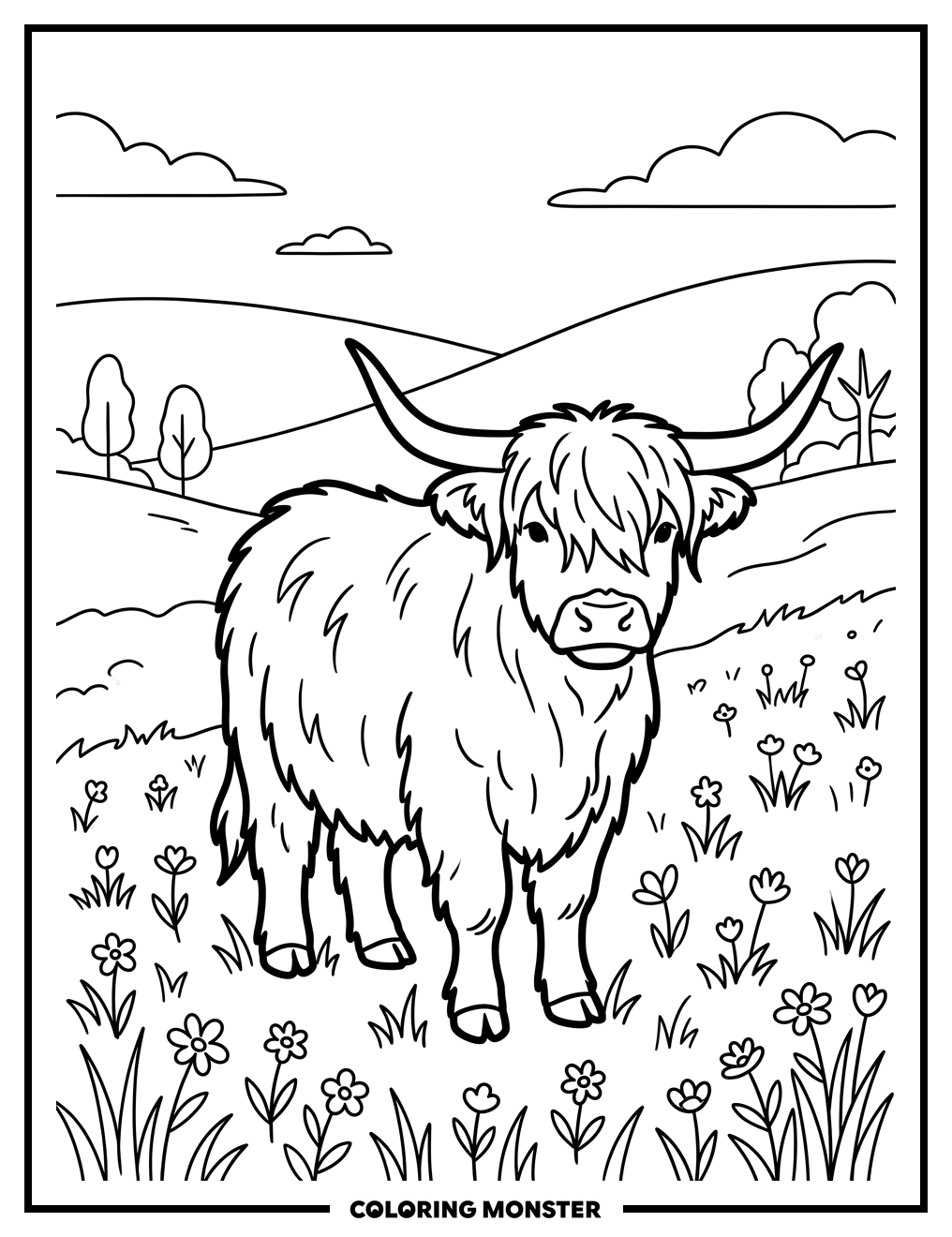 Highland Cow in a Field Coloring Page