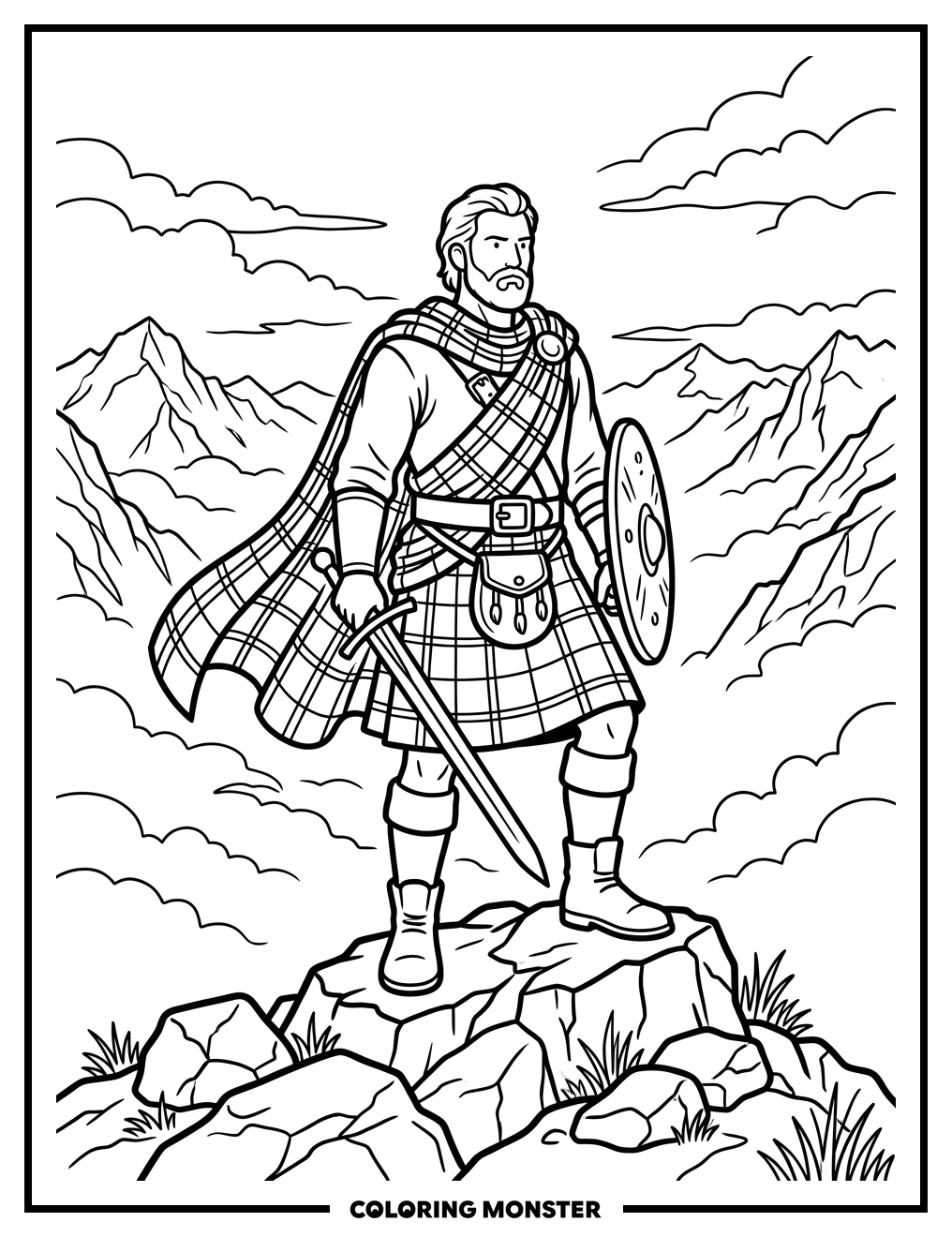 Highlander Warrior on Mountain Peak Coloring Page