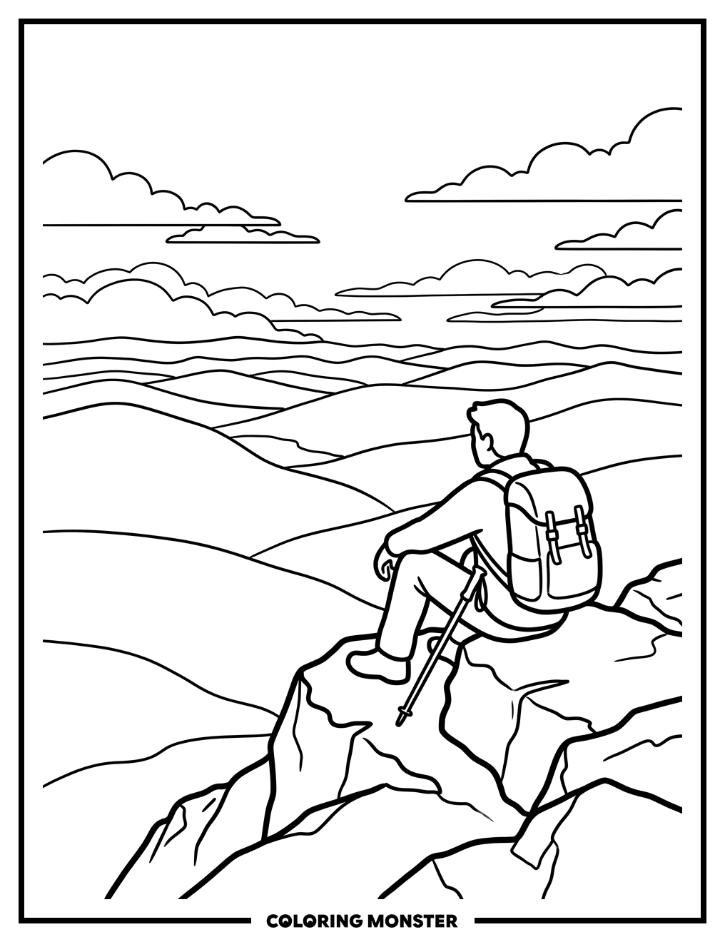 Hiker on Mountain Peak Coloring Page
