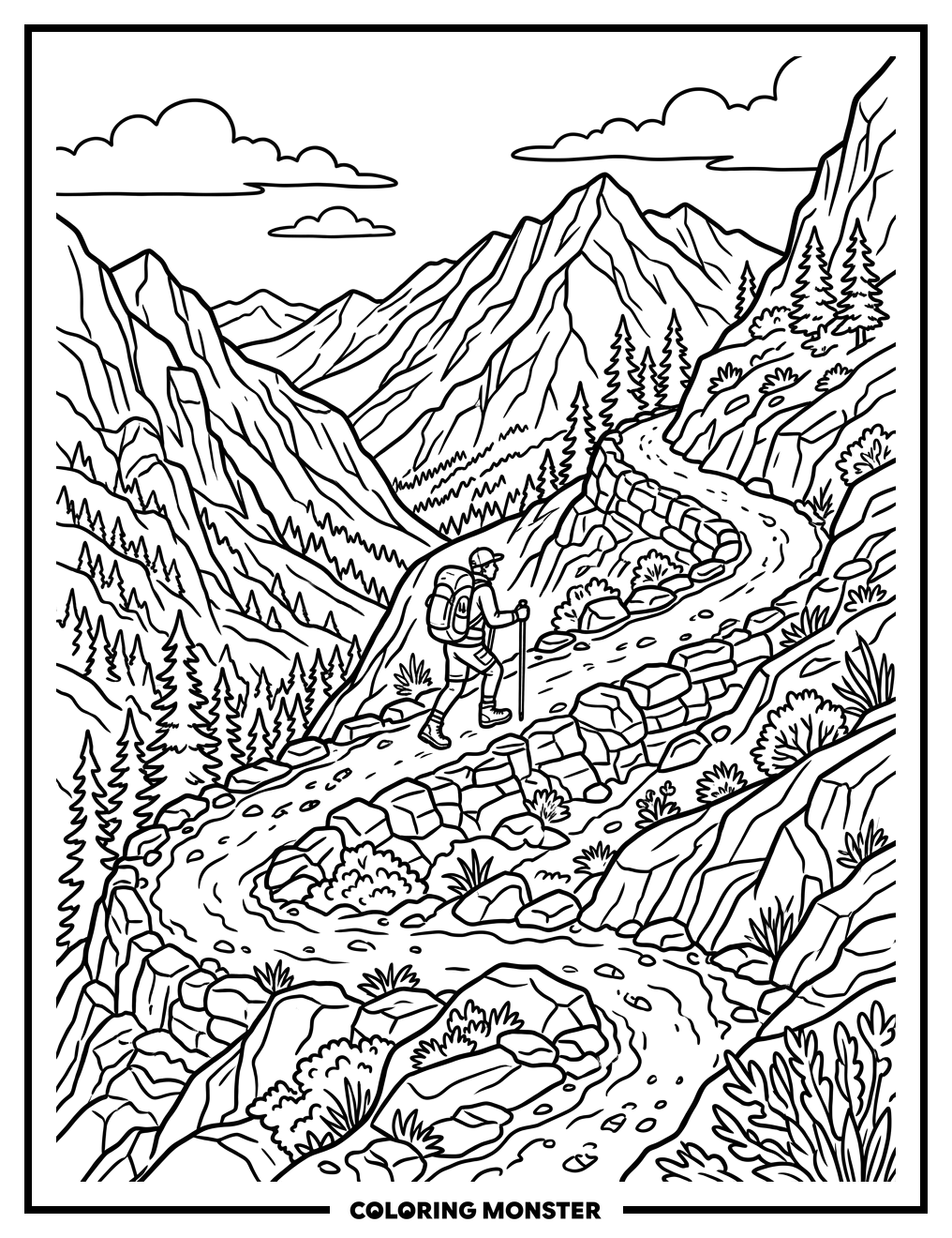 Hiker on Mountain Trail Coloring Page