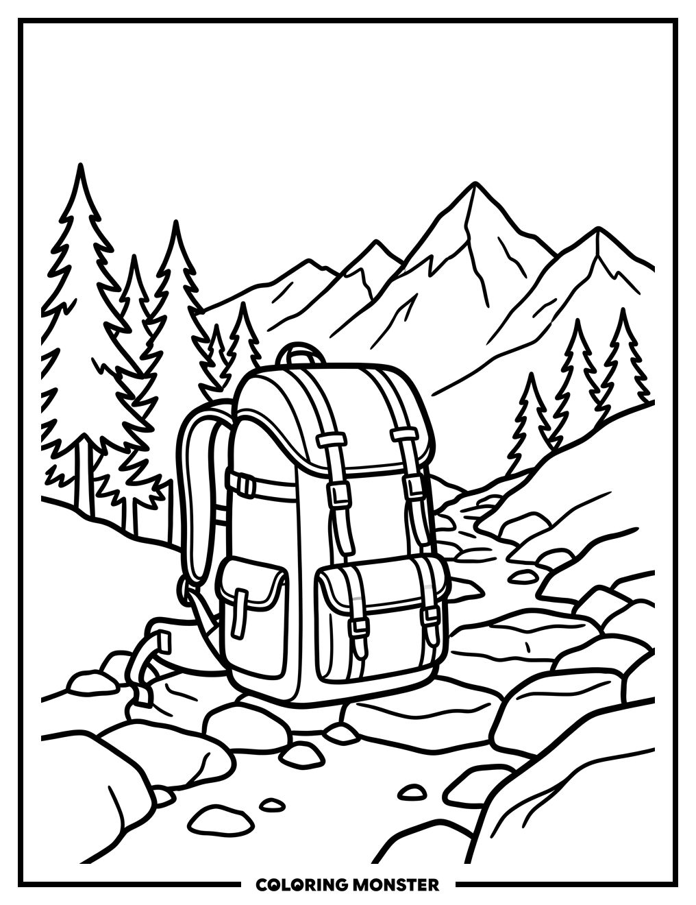Hiking Backpack on Mountain Path Coloring Page