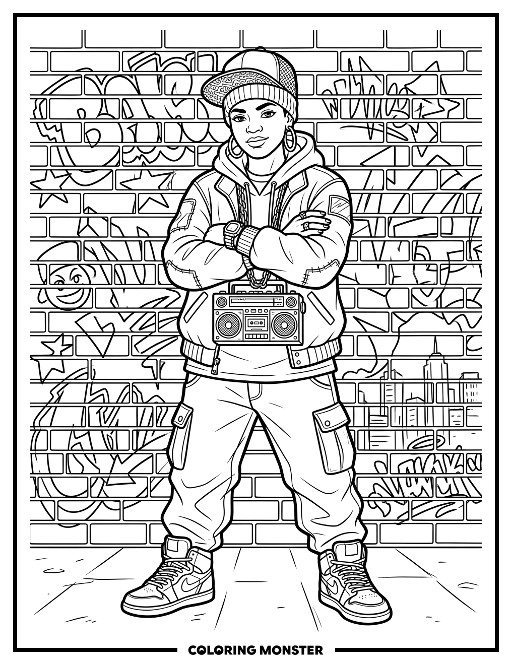 Hip Hop Artist with Boombox Pendant Coloring Page