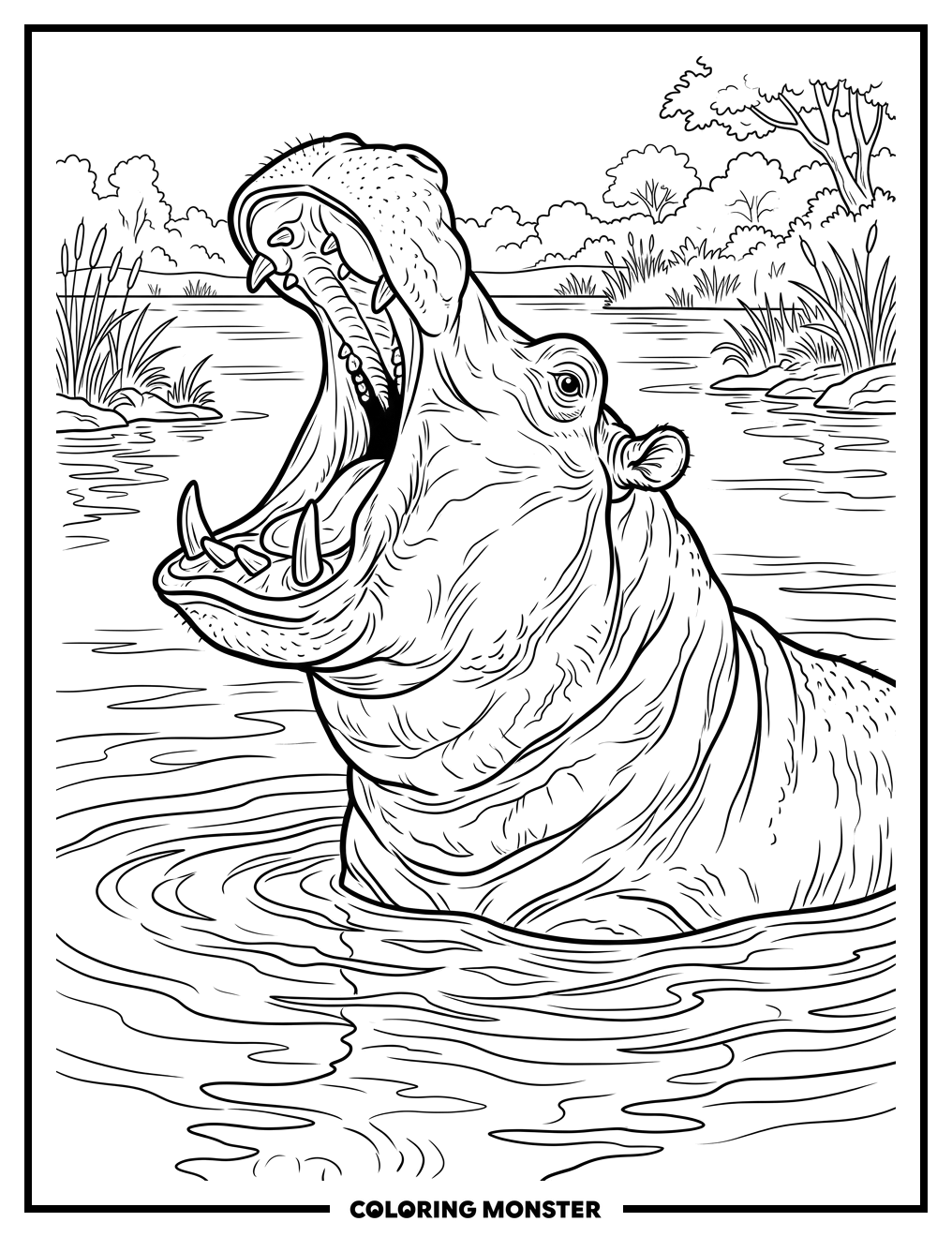 Hippopotamus Yawning in River Coloring Page