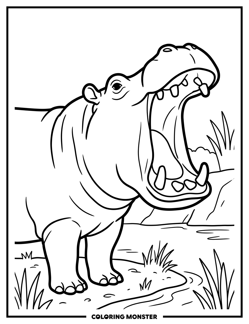Hippopotamus Yawning Wide Coloring Page