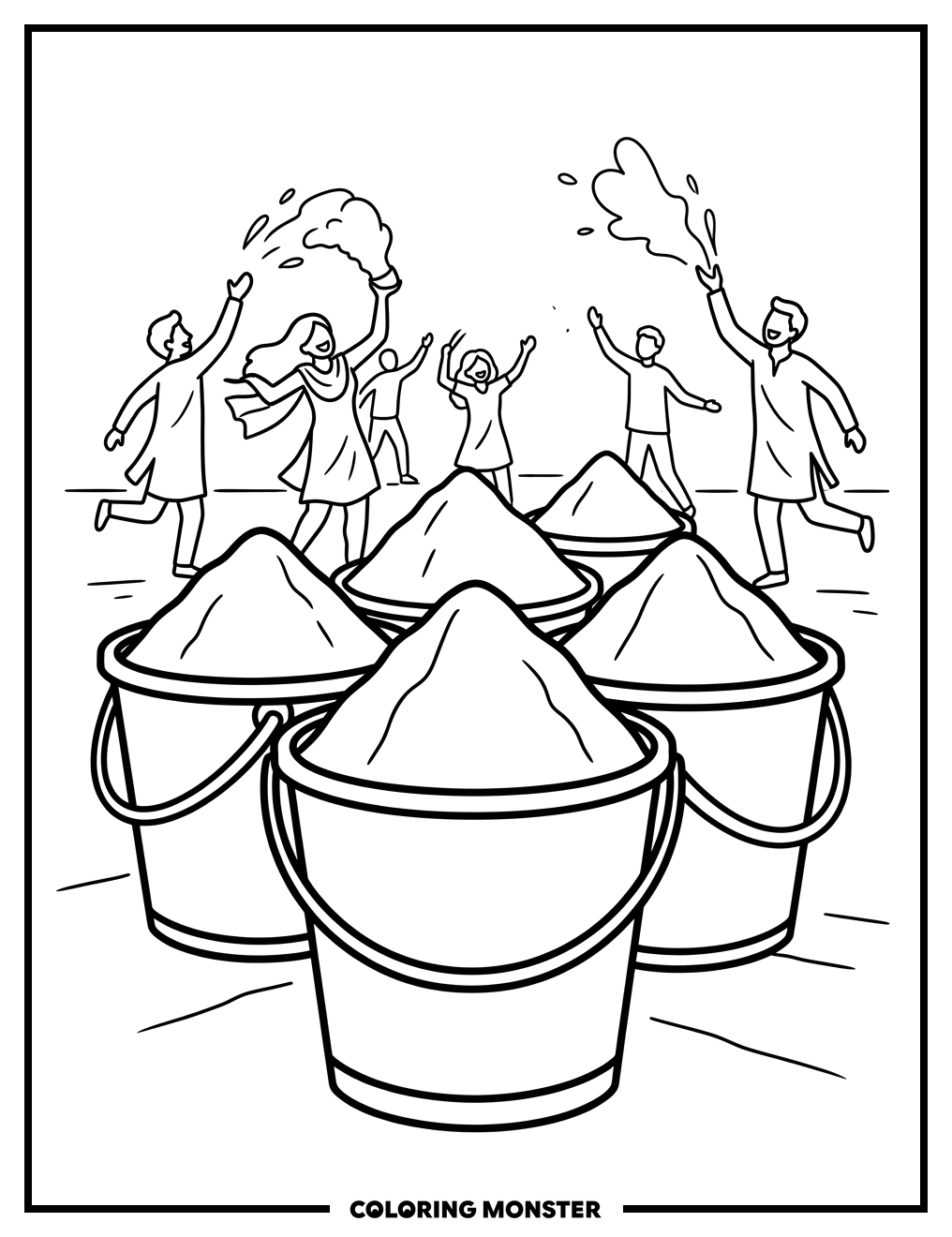 Holi Color Buckets Coloring Page