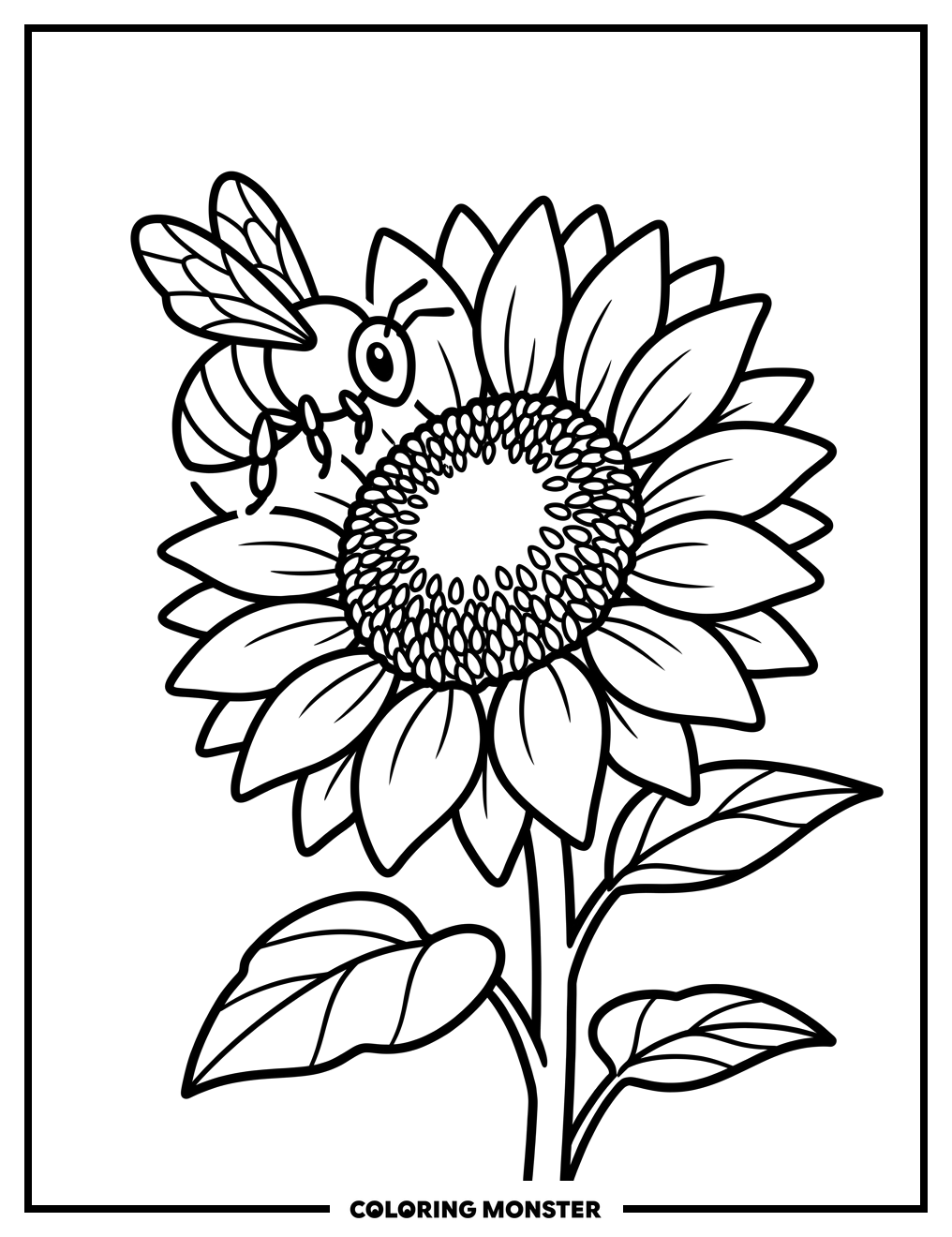 Honey Bee and Sunflower Coloring Page