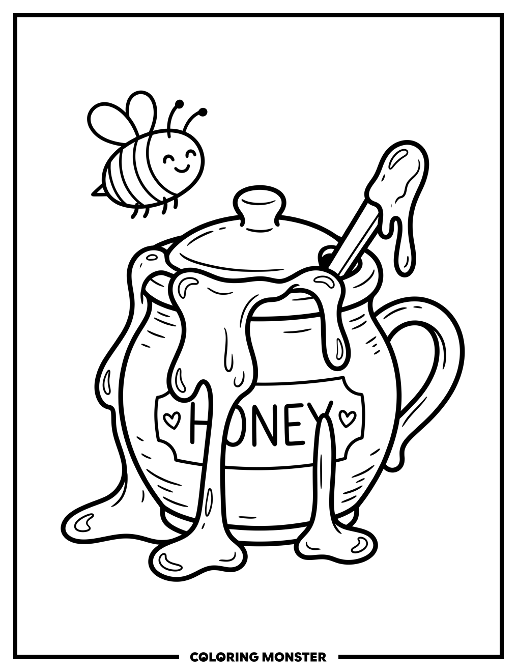 Honey Pot and Happy Bee Coloring Page