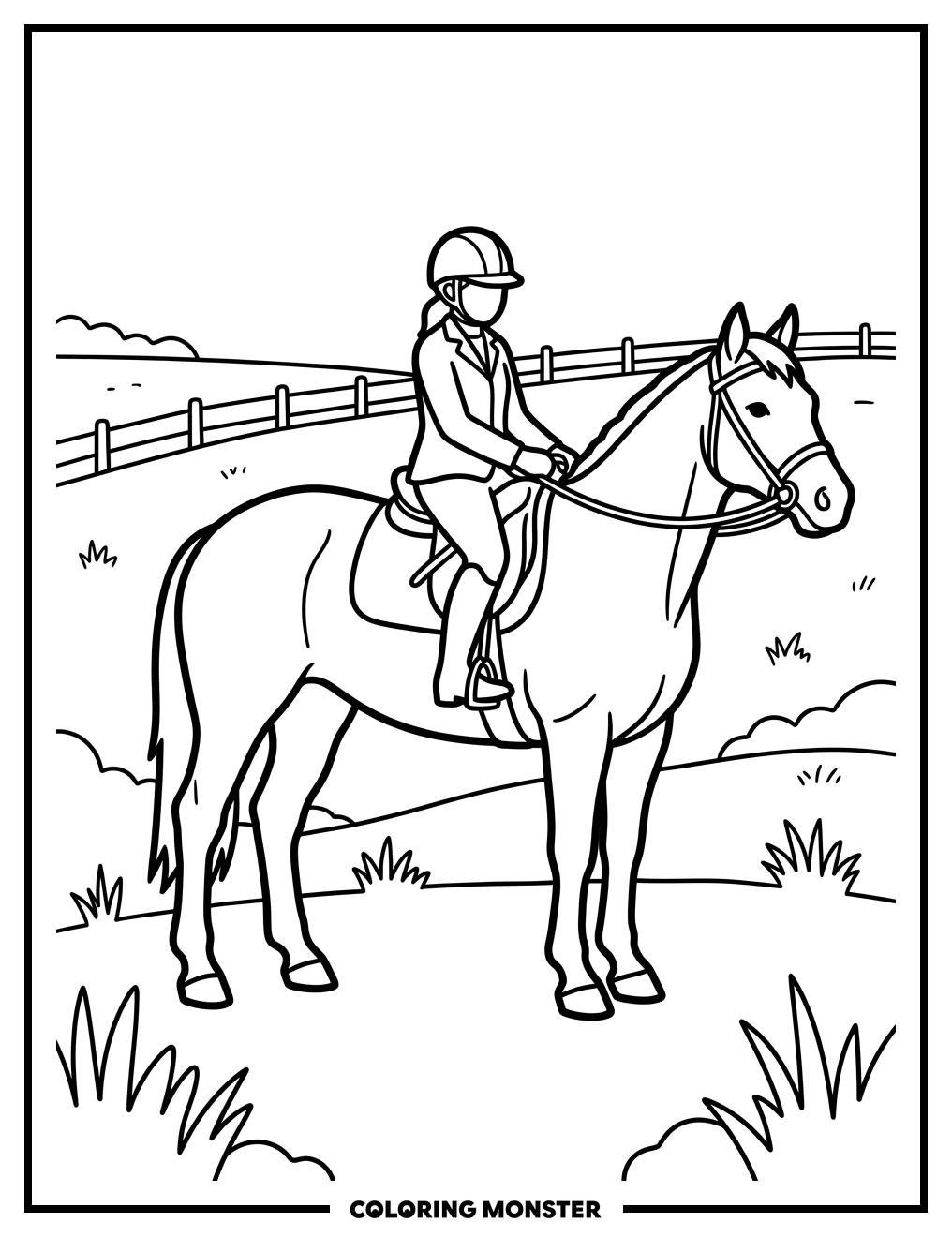Horse and Rider in Field Coloring Page