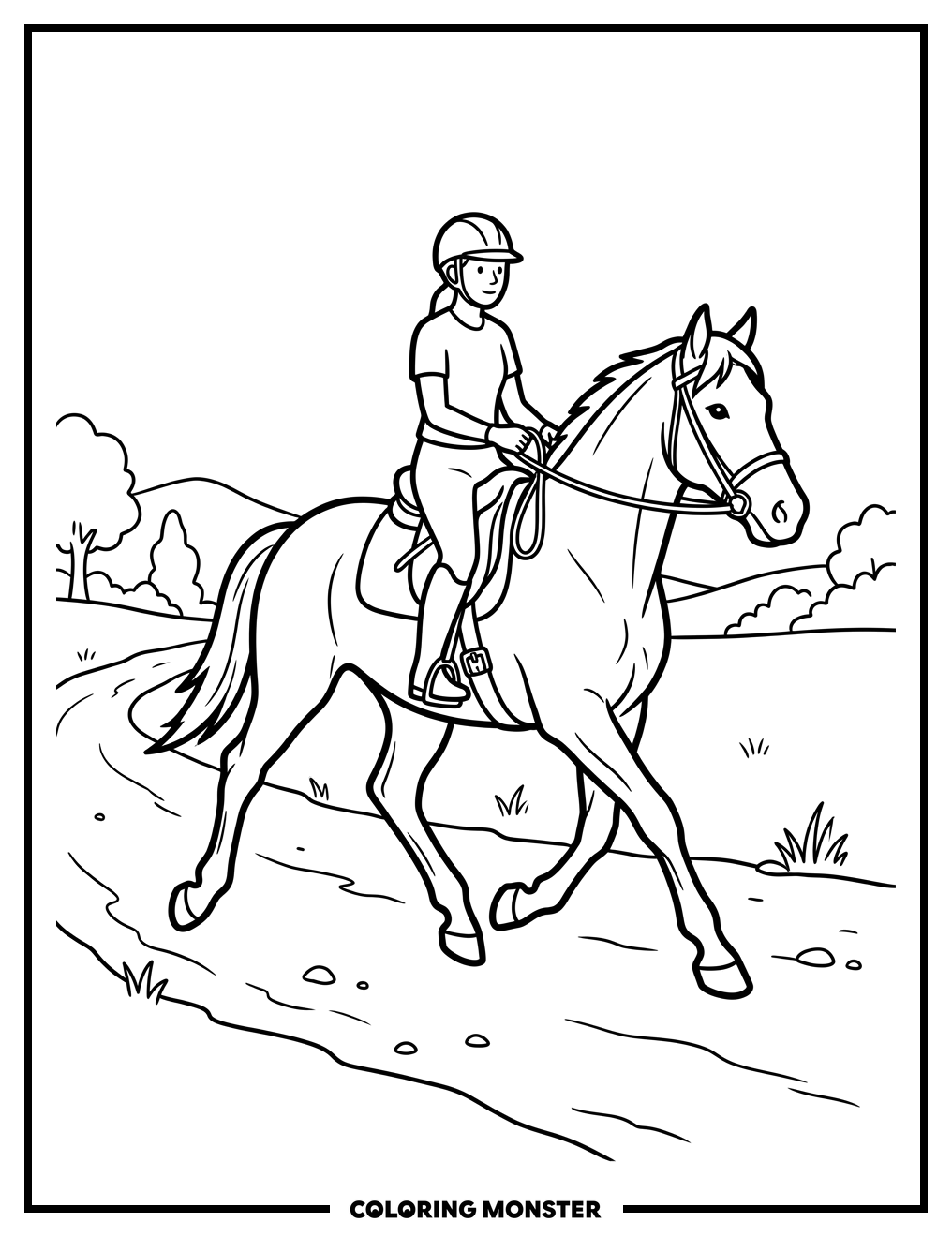 Horse and Rider on Dusty Path Coloring Page