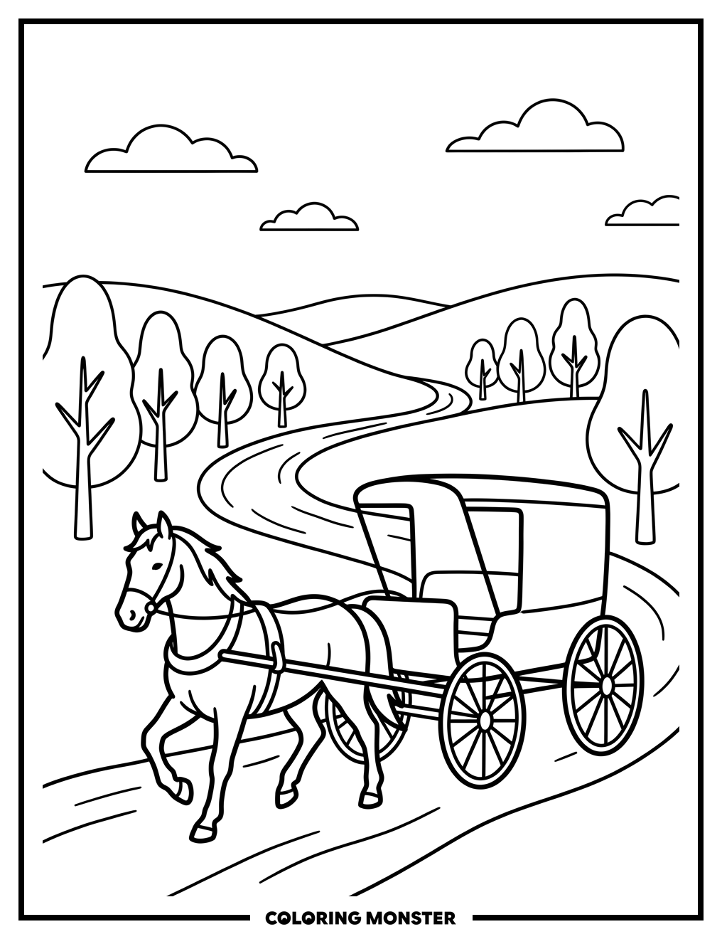 Horse-Drawn Carriage on Country Path Coloring Page