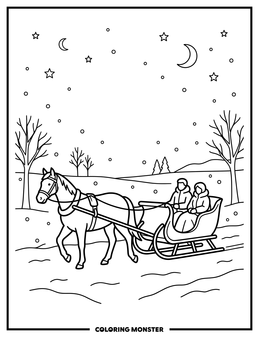 Horse-Drawn Sleigh at Night Coloring Page