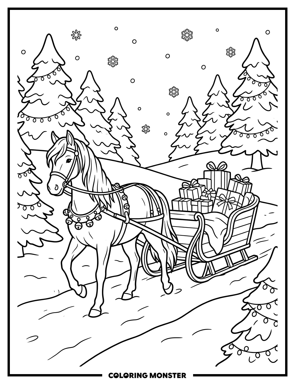 Horse-Drawn Sleigh with Presents Coloring Page
