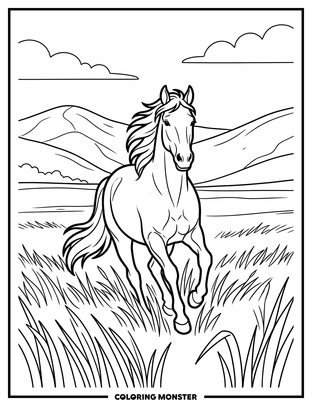 Horse Galloping in a Meadow Coloring Page