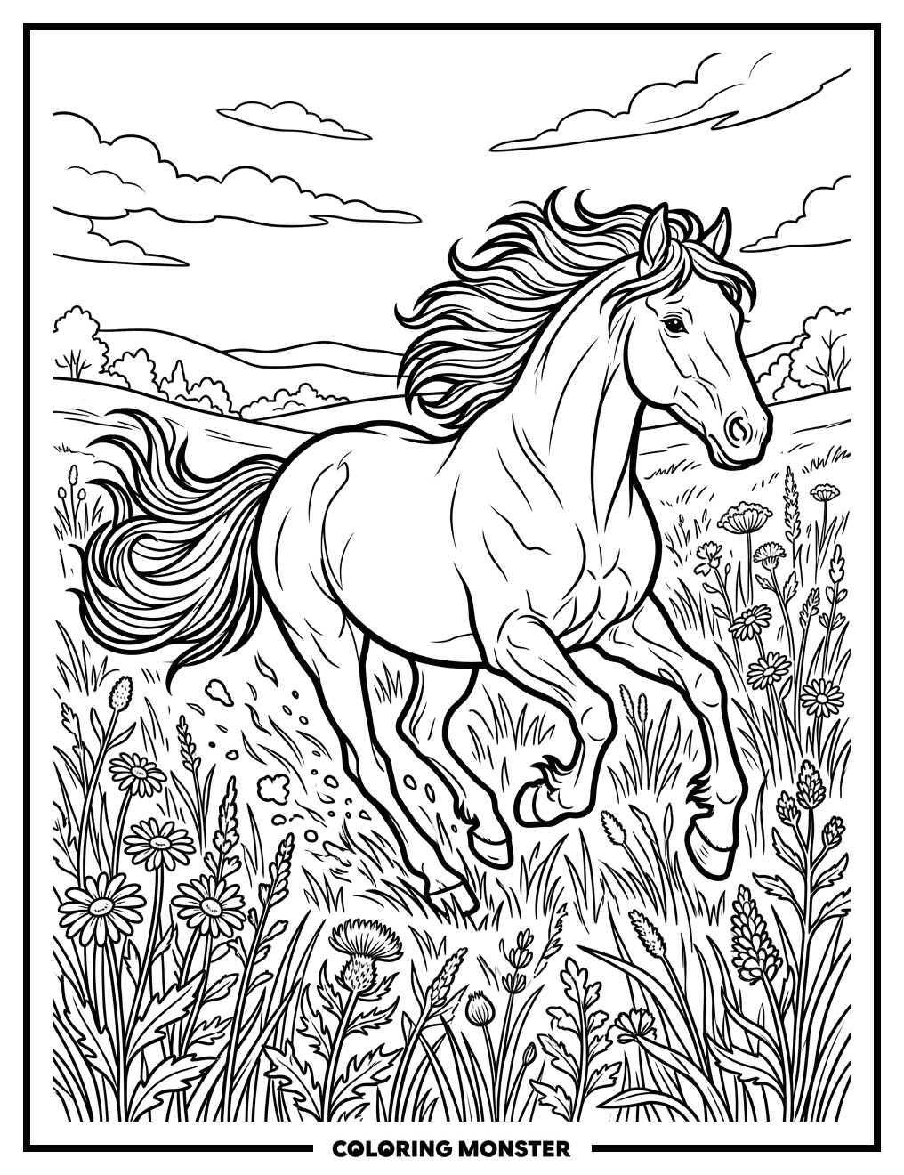 Horse Galloping Through Wildflowers Coloring Page