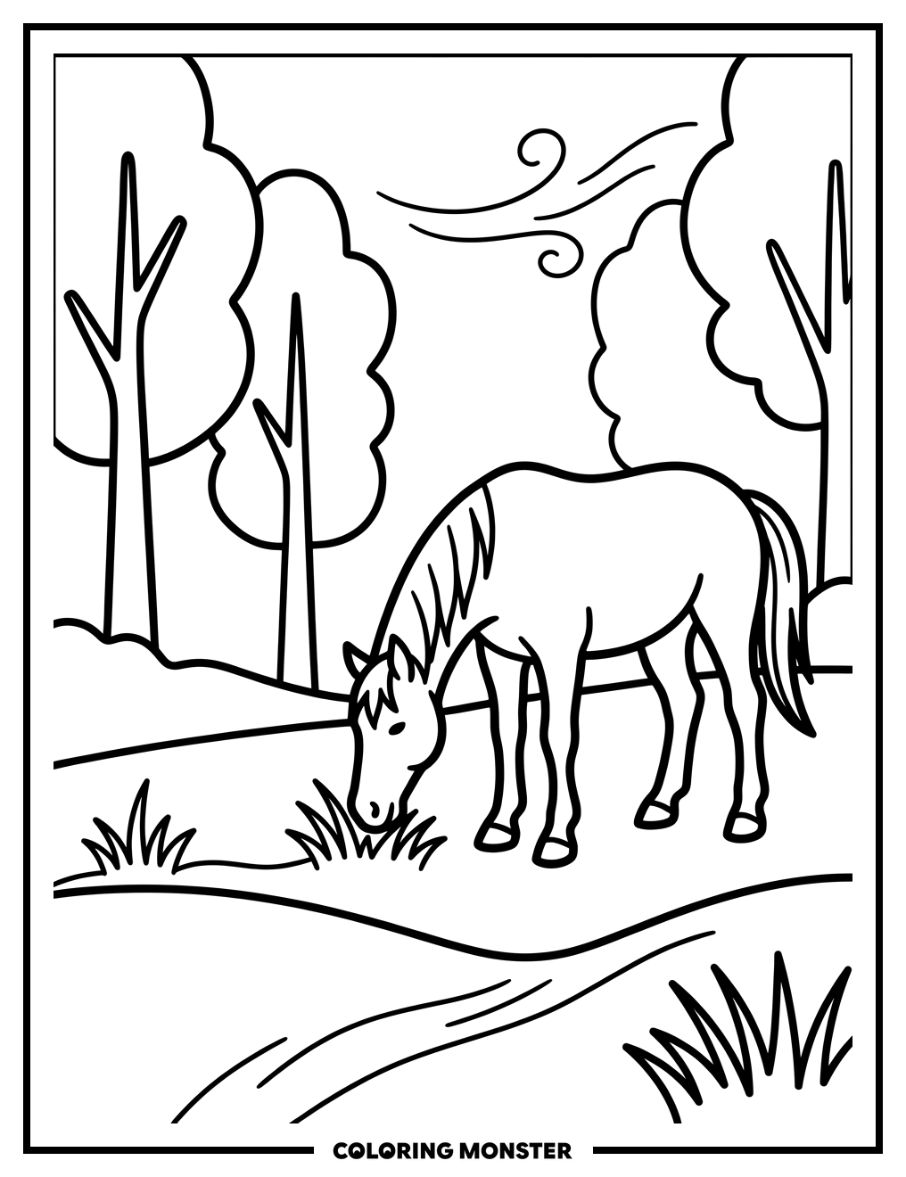 Horse Grazing in Pasture Coloring Page
