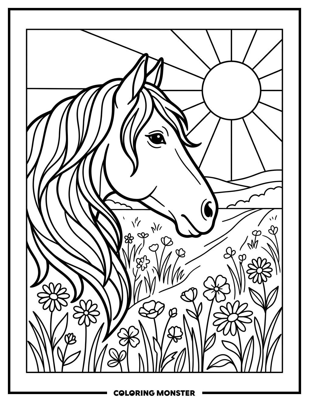 Horse in a Meadow Coloring Page