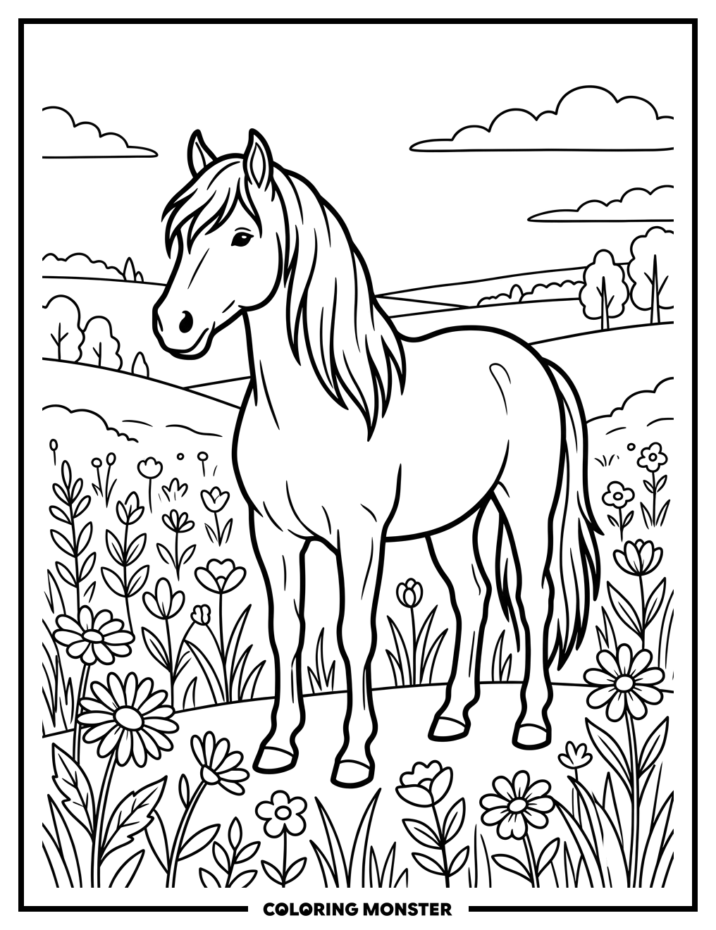 Horse in a Sunny Meadow Coloring Page
