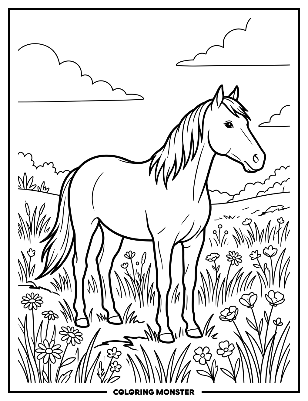 Horse in a Wildflower Meadow Coloring Page