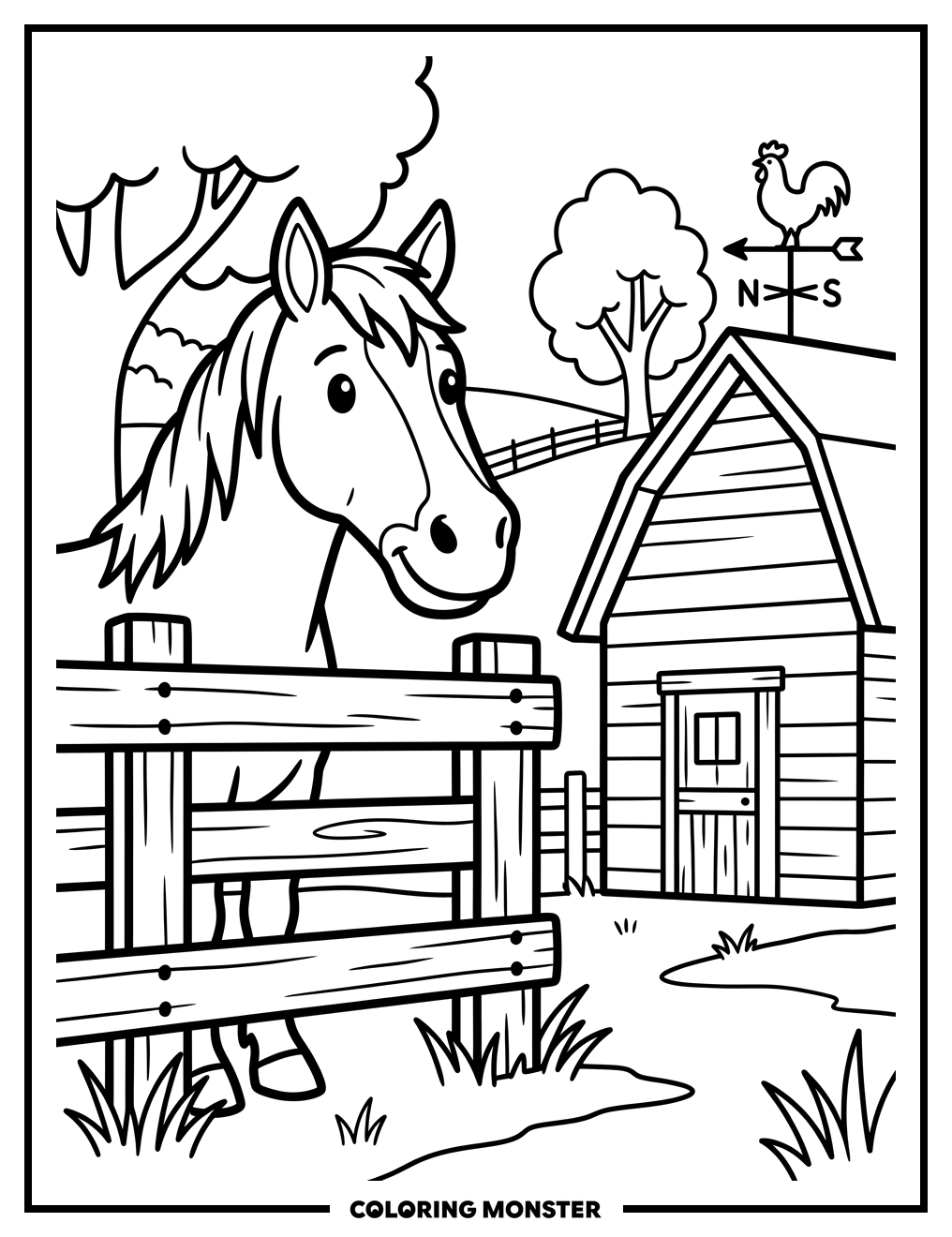 Horse Peeking Over Fence Coloring Page