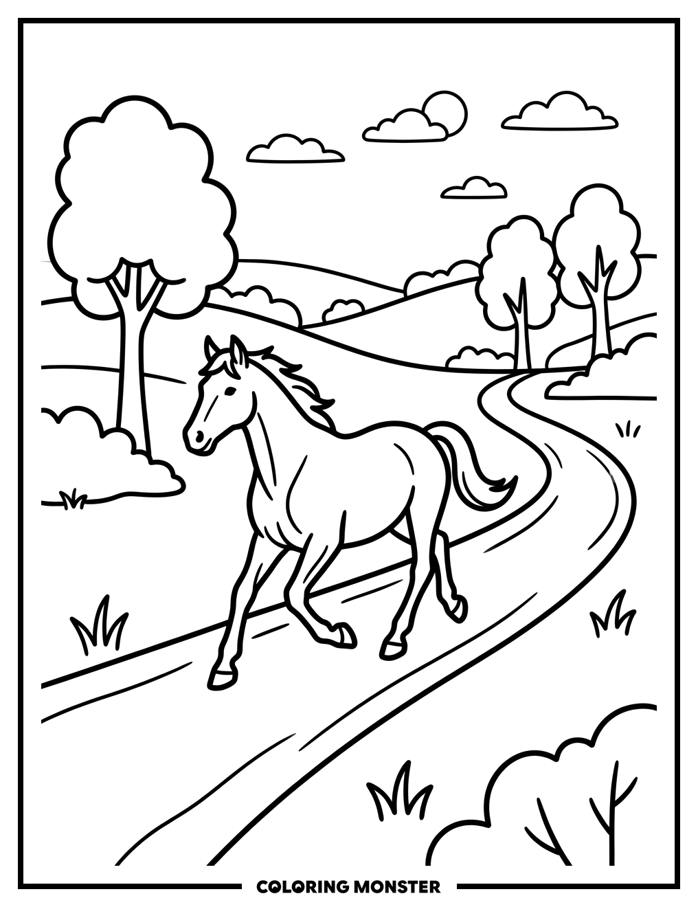 Horse Trotting Through Countryside Coloring Page