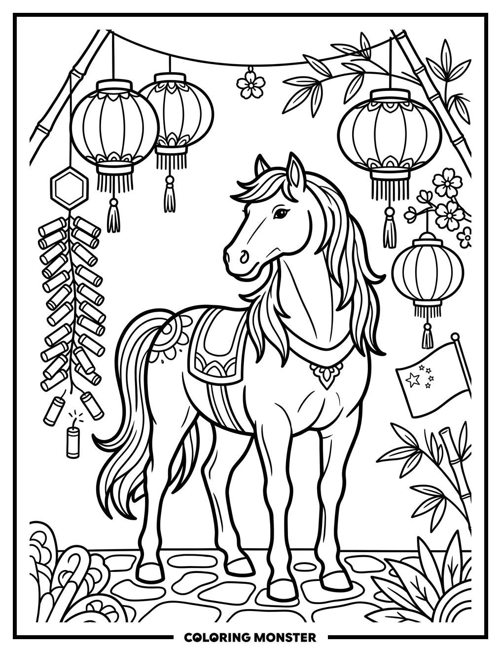 Horse With Chinese New Year Decorations Coloring Page