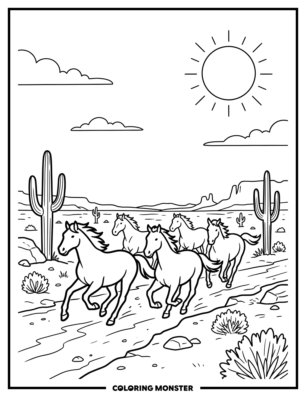 Horses Galloping Through Desert Coloring Page