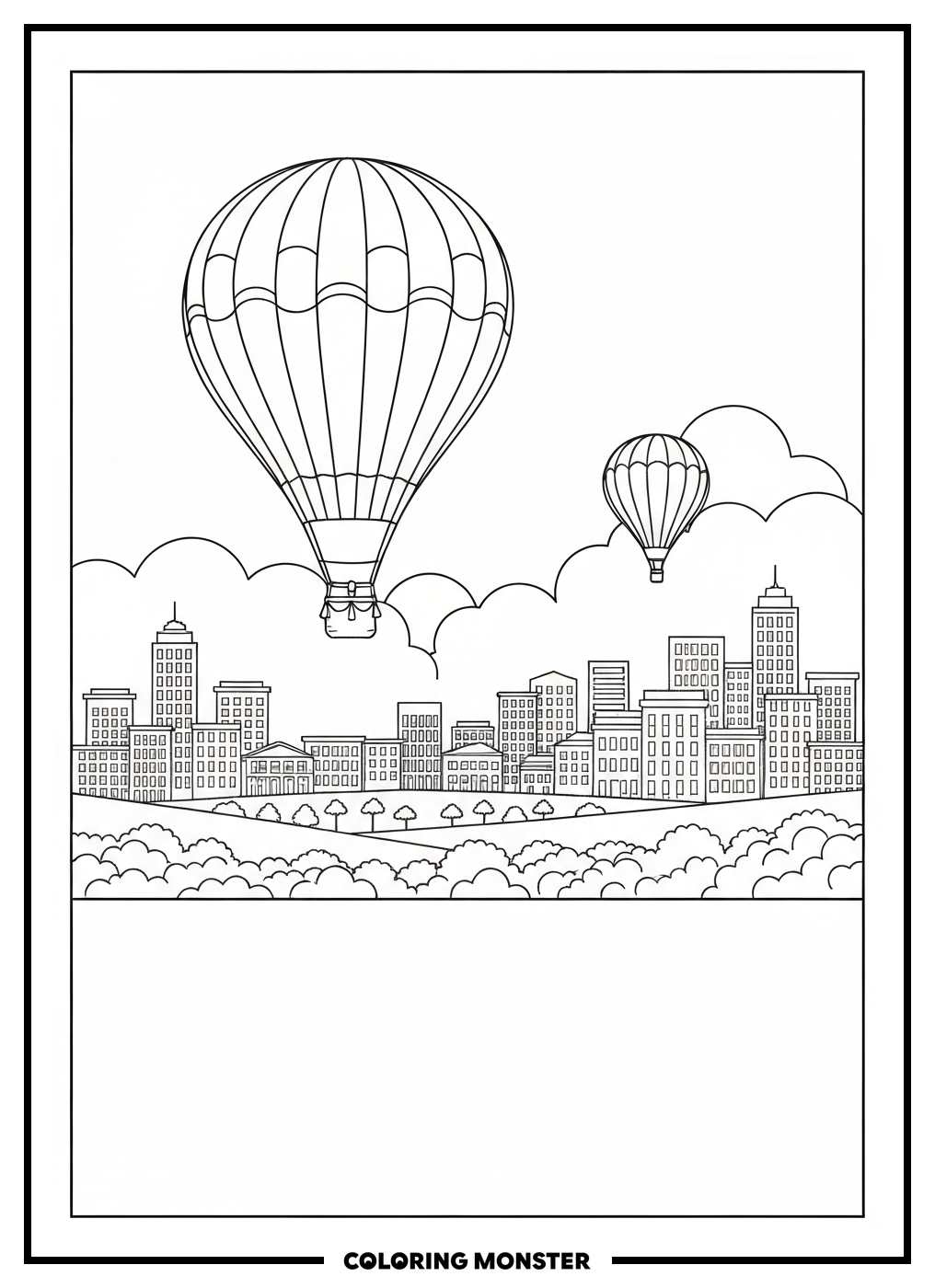 Hot Air Balloon Over A City Coloring Page