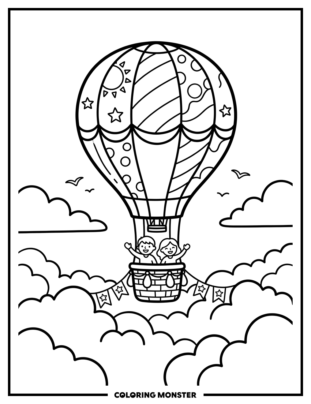 Hot Air Balloon Over Clouds Coloring Page