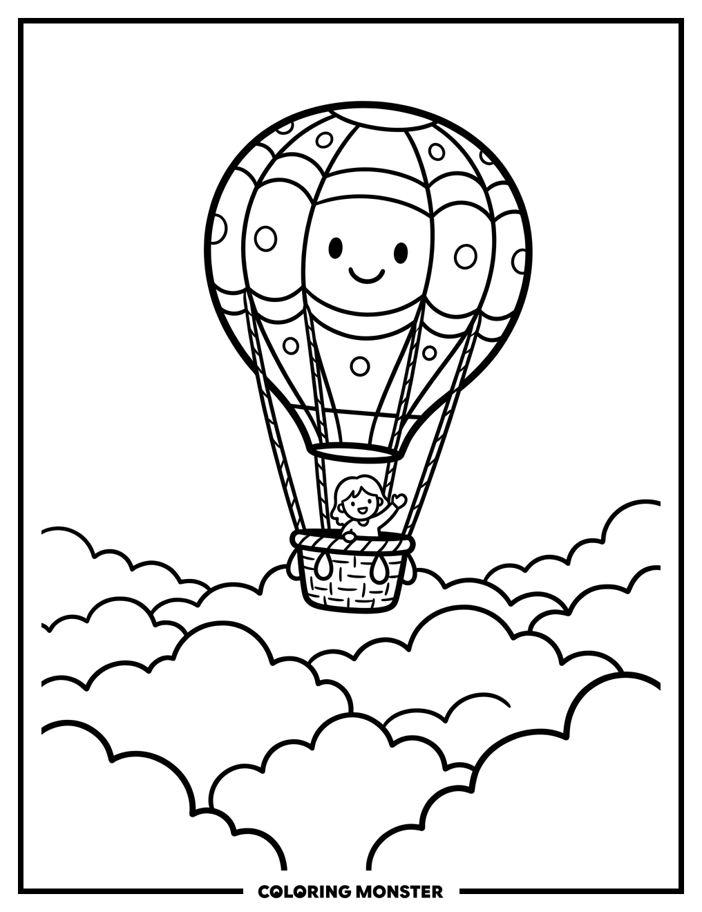 Hot Air Balloon Over Clouds Coloring Page