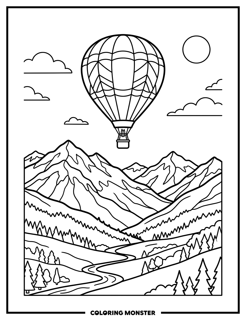 Hot Air Balloon Over Mountains Coloring Page