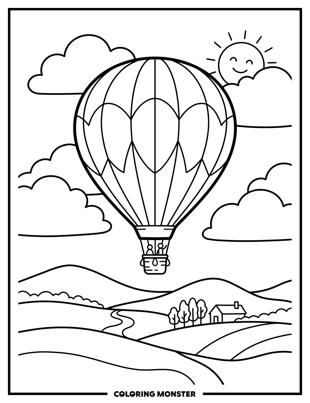 Hot Air Balloon Over Rolling Hills Coloring Page