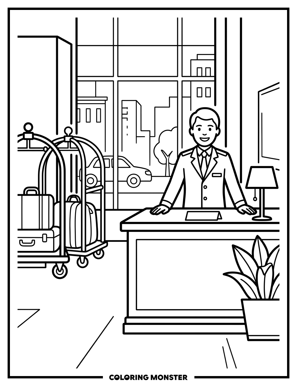 Hotel Lobby Concierge Coloring Page