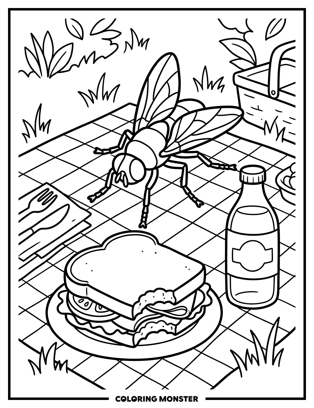 Housefly Over Picnic Blanket Coloring Page