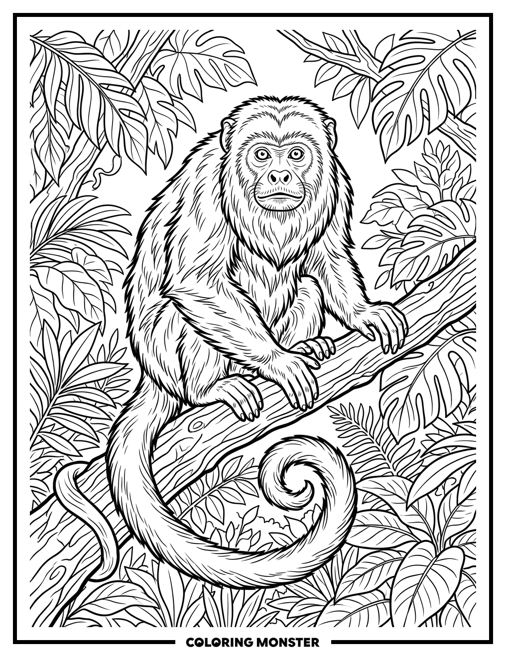 Howler Monkey on Tree Branch Coloring Page